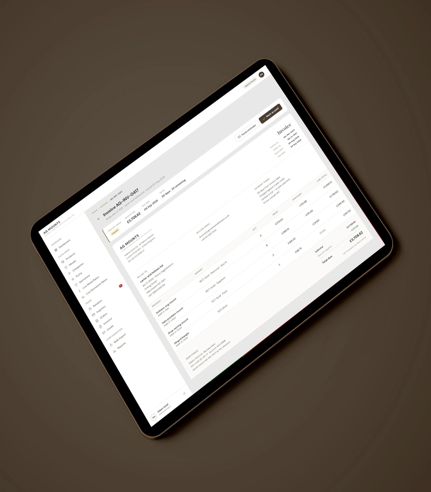 AG Mounts wholesale jewellery B2B e-commerce storefront — view 1
