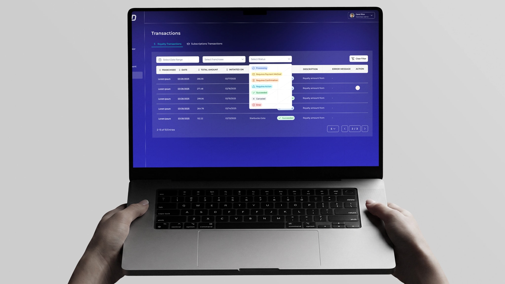 CHRGD franchise finance and royalty automation dashboard