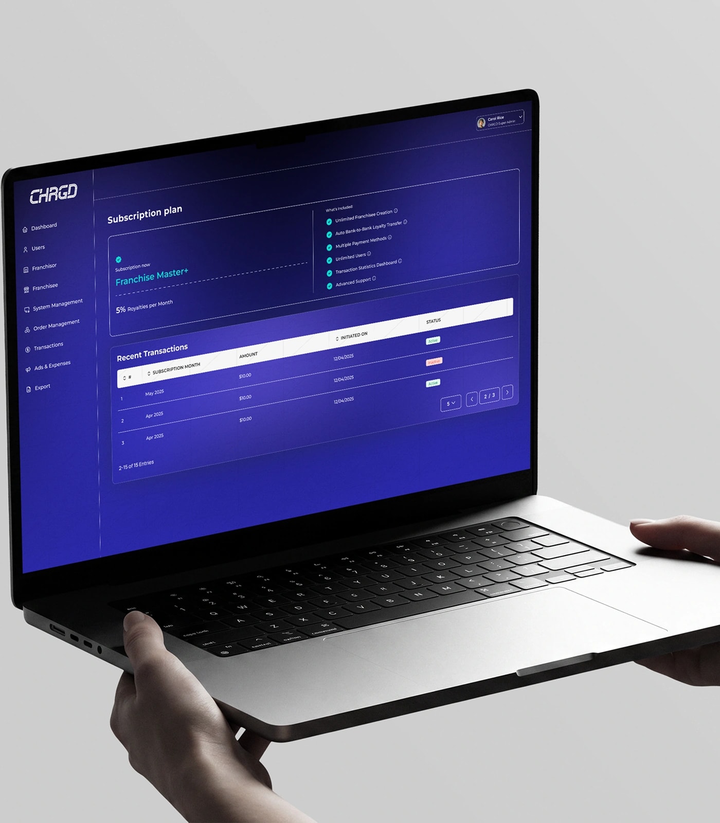 CHRGD franchise finance and royalty automation dashboard — view 2
