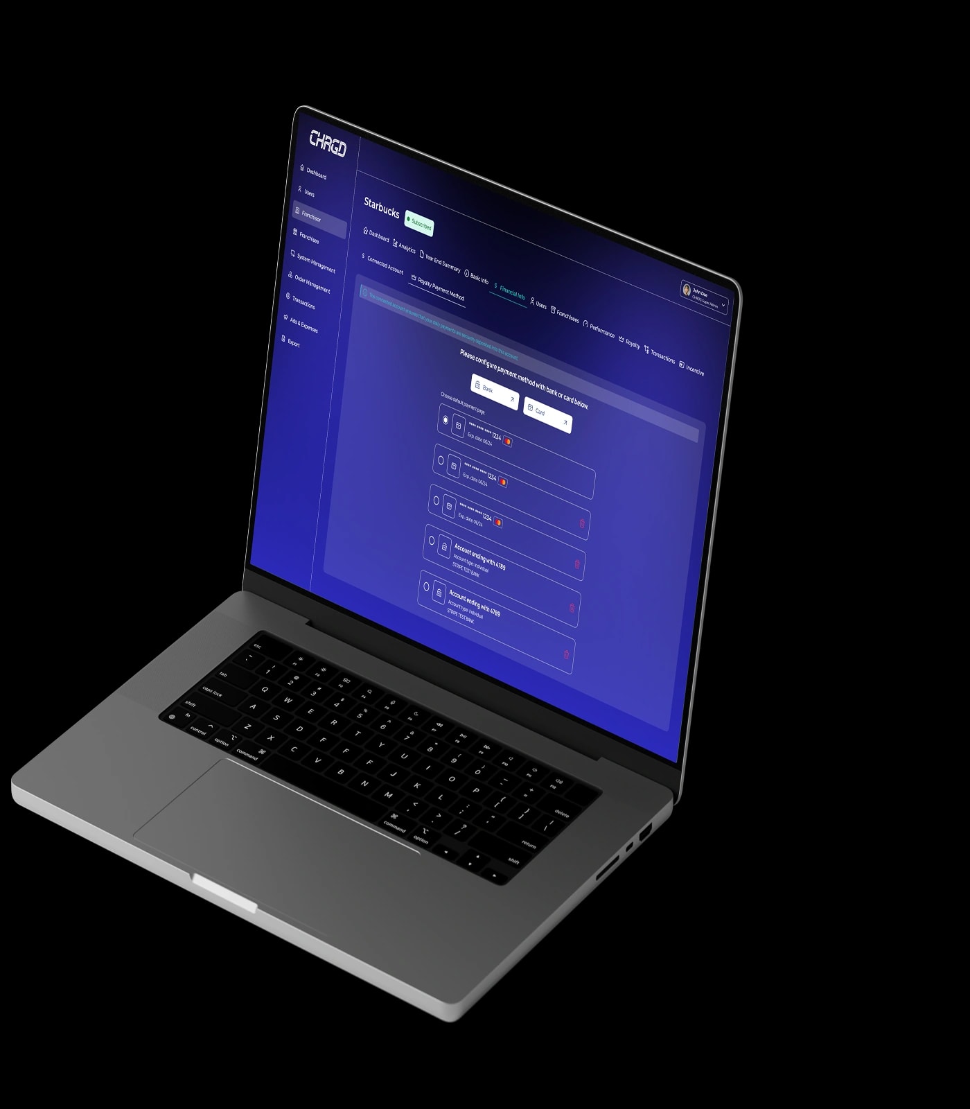CHRGD franchise finance and royalty automation dashboard — view 2
