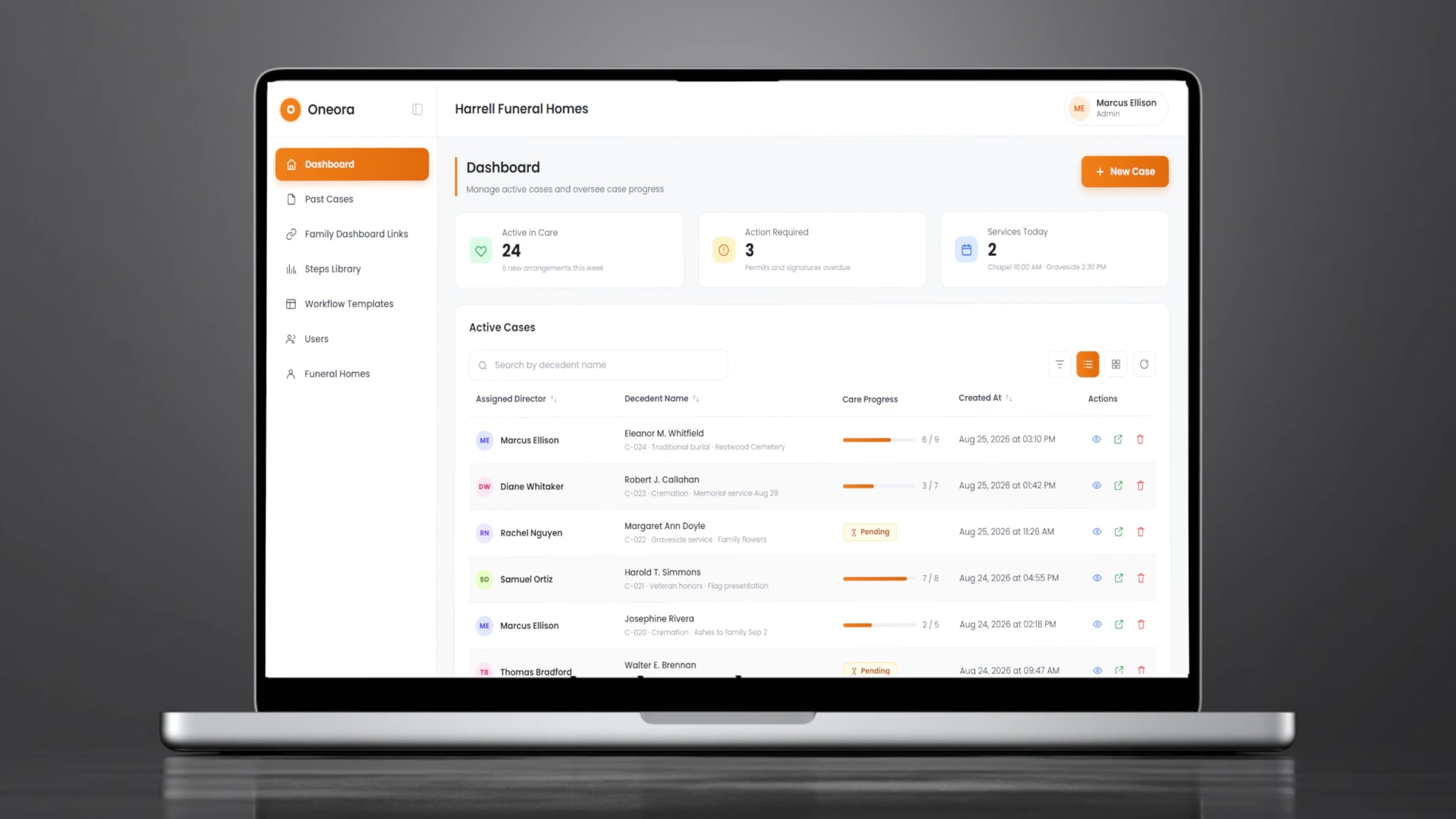 Oneora funeral service case management platform