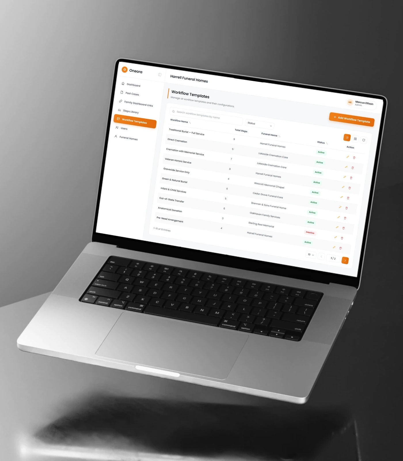 Oneora funeral service case management platform — view 1