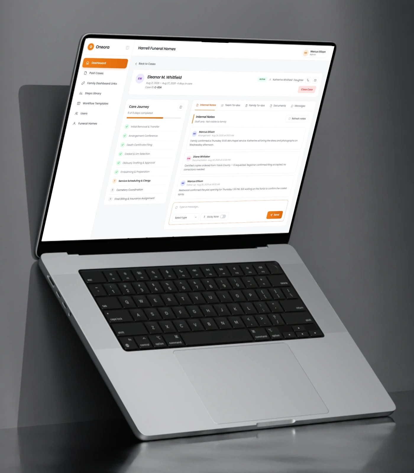 Oneora funeral service case management platform — view 1