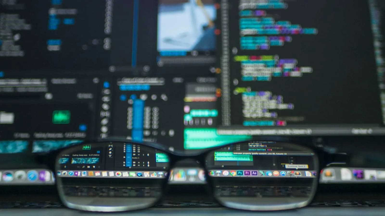 Code editor screens seen through a pair of glasses