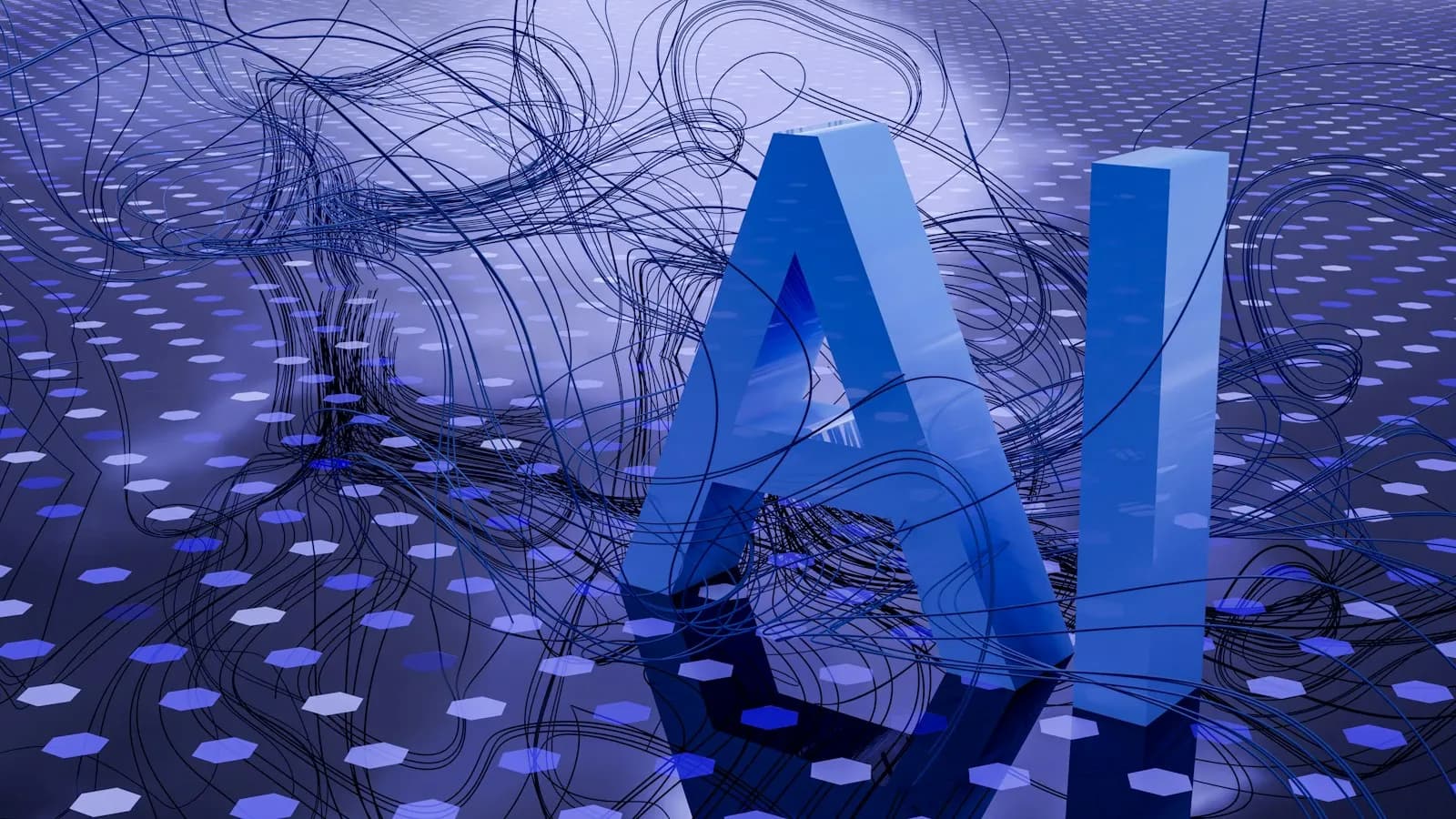 Three-dimensional AI lettering on an abstract digital background