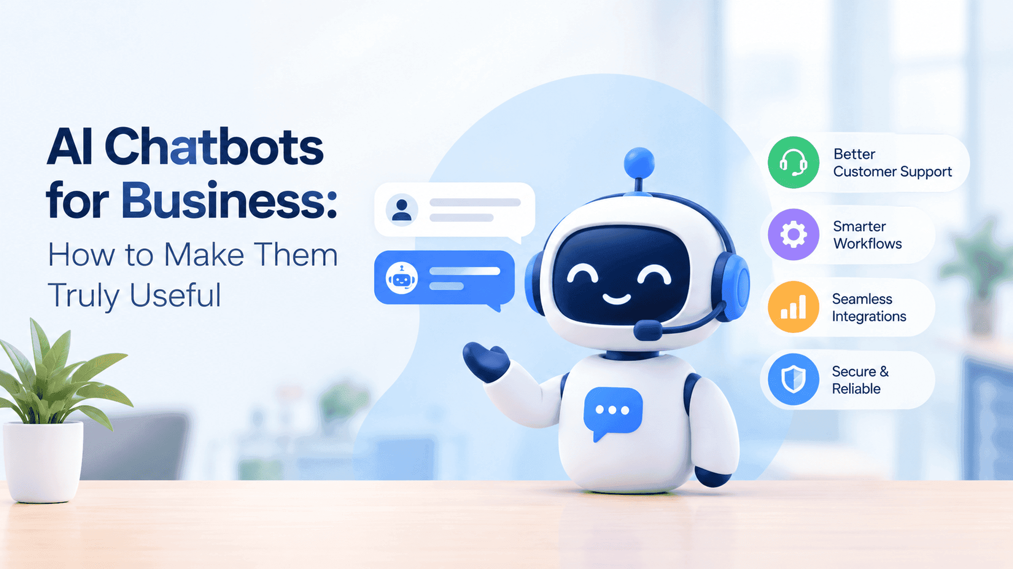 Friendly AI chatbot helping users with customer support, smarter workflows, and business system integrations.